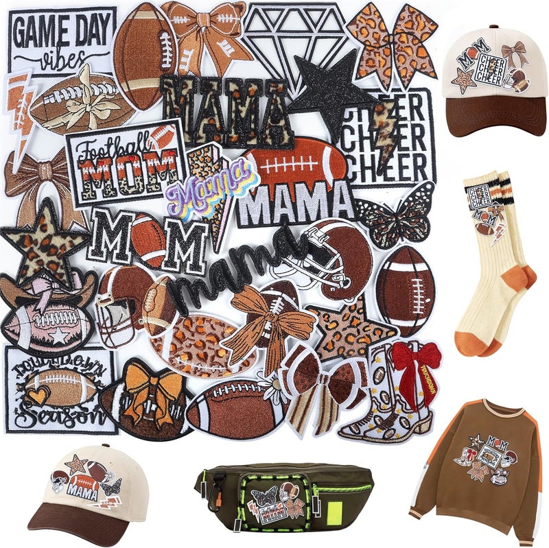 Meneng Iron On Football Mama Patches: 32PCS Embroidered Football Bow Cheer Patch for Mom & Kids - Energetic Football DIY Crafts for Clothing Hats Backpacks Jerseys Jeans - Image 1